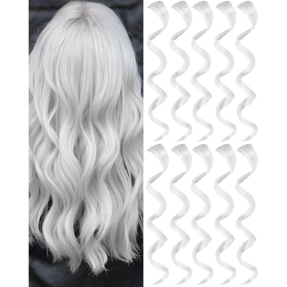 10 PCS White Hair Extensions Clip-in, Curly Wavy Synthetic Hairpieces Clip in Ra